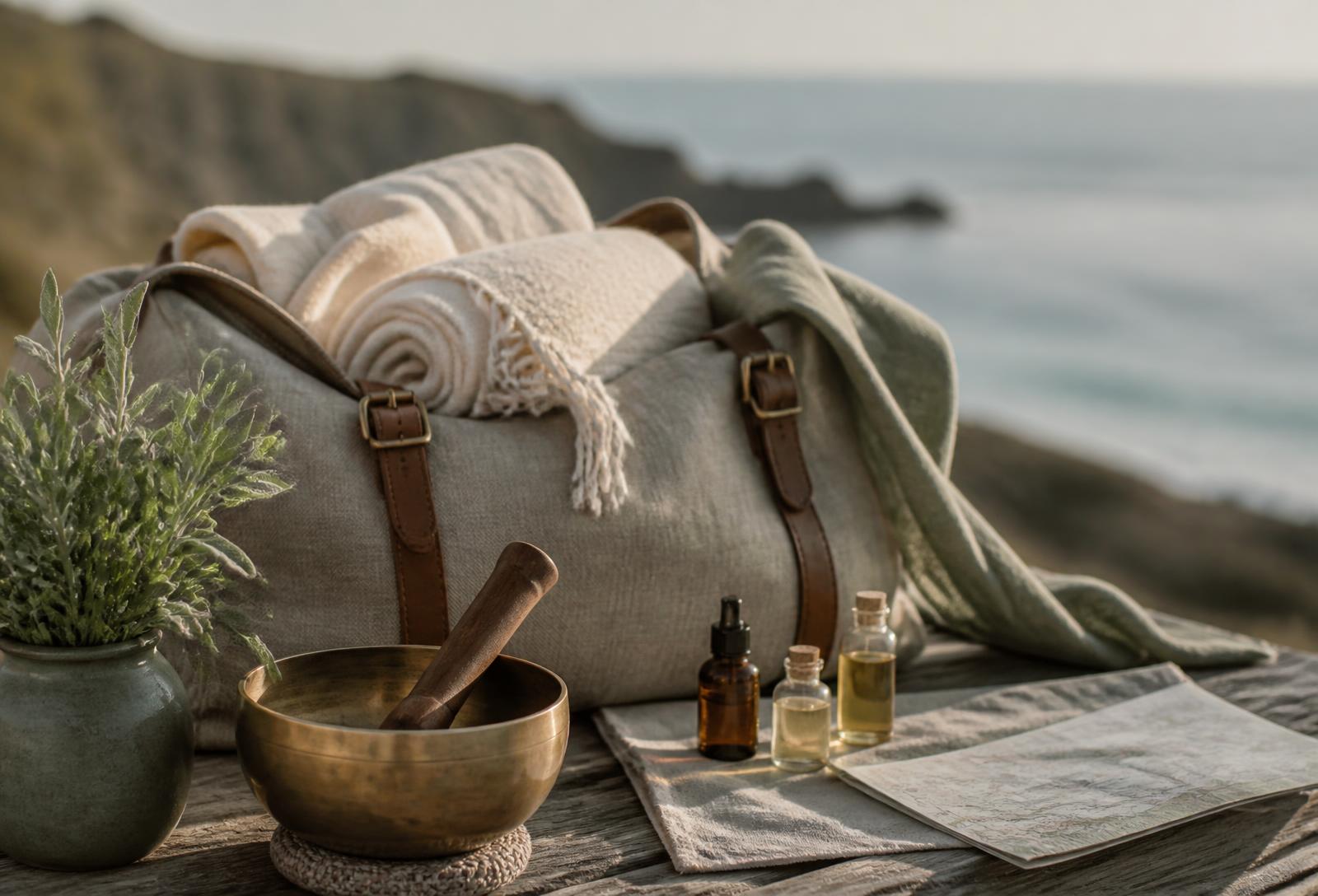 A linen travel bag with rolled blankets, a brass singing bowl and oils